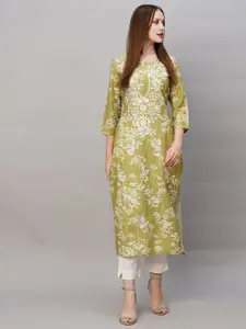 Anni Designer Floral Embroidered Notched Neck Chikankari Straight Kurta