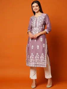 Anni Designer Ethnic Motifs Embroidered Notch Neck Chikankari Straight Kurta