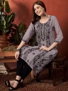 Anouk Grey Floral embroidered Round Neck Kurta