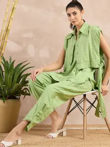 First Resort by Ramola Bachchan Self Design Herringbone Cotton Bib Cover-Up Crop Shrug