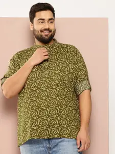 Sztori Men Plus Size Classic Printed Mandarin Collar Roll-Up Sleeves Casual Shirt