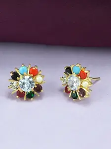 PRIVIU Gold Plated American Diamond Stone Studded Floral Studs Earrings