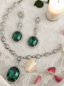OOMPH Silver-Toned AD-Studded Large Oval Drop Pendant Necklace Set With Drop Jewellery Set