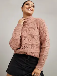 Styli Women Textured Self Design Turtle Neck Regular Length Oversized Pullover Sweater