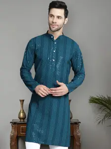 Jompers Men Geometric Embroidered Flared Sleeves Thread Work Anarkali Kurta