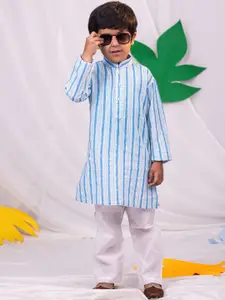 VASTRAMAY Boys Striped Regular Kantha Work Pure Cotton Kurta with Pyjamas