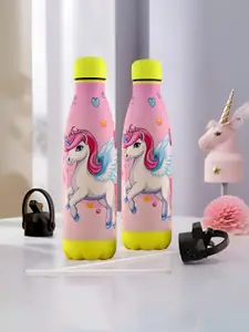 Kuber Industries Pink & Yellow Set of 2 Stainless Steel Printed Smart Vacuum Water Bottle