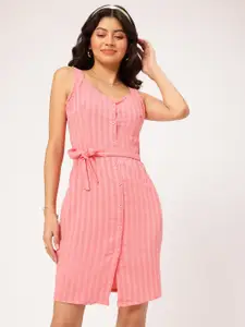 DressBerry Pink Striped Sleeveless Knee Length Dress