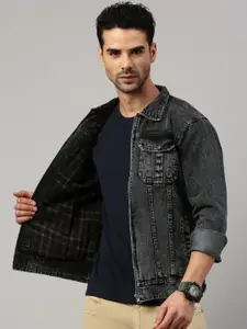 VOXATI Men Washed Checked Denim Jacket with Embroidered