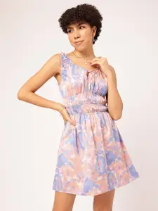 DressBerry Peach and Blue Satin Abstract Mini Dress