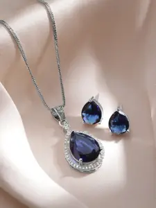 Rubans Rhodium-plated Blue Sapphire and CZ Studded Luxury AD Pendent Necklace Set