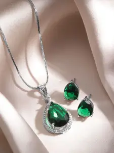 Rubans Rhodium Plated Emerald & CZ Studded Premium Pendant Necklace Set