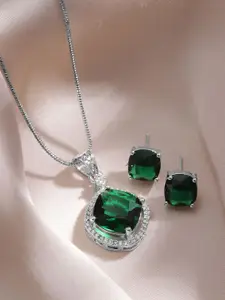 Rubans Rhodium Plated Emerald & CZ Studded Pendant Necklace Set