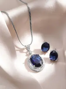 Rubans Rhodium Plated Blue Sapphire & CZ Studded Oval Pendant Necklace Set