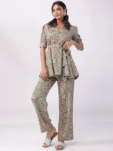 JISORA Printed Pure Cotton Top & Flared Palazzo Co-Ords