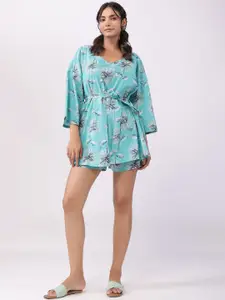 JISORA Printed Three Quarter Sleeve Shrug Top & Shorts Co-Ords