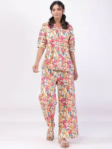JISORA Printed Pure Cotton Top With Palazzo Co-Ords