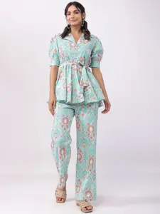 JISORA Printed Pure Cotton Top With Palazzos Co-Ords