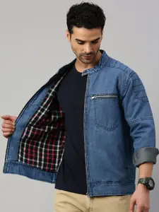 VOXATI Men Checked Denim Jacket with Embroidered