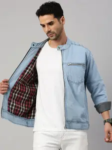 VOXATI Men Washed Checked Denim Jacket