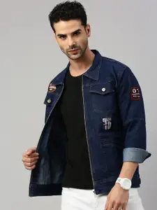 VOXATI Men Floral Striped Longline Denim Jacket with Patchwork