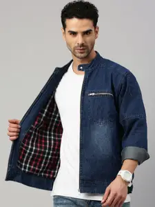 VOXATI Men Checked Denim Jacket with Embroidered