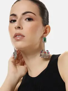 ABDESIGNS Classic Silver-Plated Artificial Stones & Beads Drop Earrings