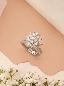 Saraf RS Jewellery Silver Plated American Diamond Studded Crown Shaped Finger Ring