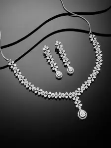 Peora Silver-Plated Cubic Zirconia & White Crystal Studded Necklace Jewellery Set