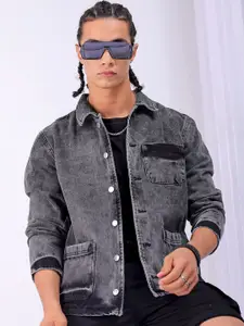 The Indian Garage Co Men Washed Longline Outdoor Denim Jacket with Patchwork