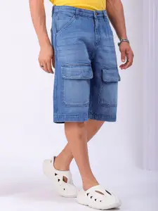 The Indian Garage Co Men Washed Relaxed Fit Cotton Denim Cargo Shorts