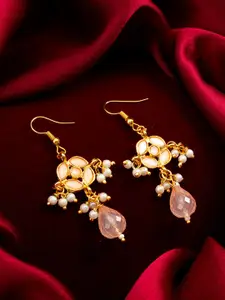aadita Gold-Plated Geometric Kundan and Pearl Drop Earrings