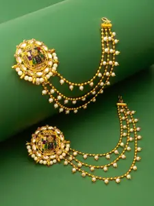 aadita Gold-Plated Stones Studded & Beaded Circular Studs Earrings With Hair Chains
