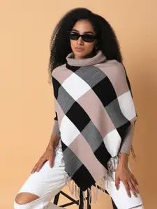 SHOWOFF Women Checked Longline Poncho with Fringed Detail