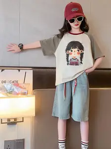 INCLUD Girls Printed T-shirt with Denim Shorts