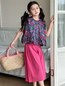 INCLUD Girls Floral Printed Round Sleeveless Neck Top with Trousers