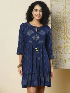 Globus Ethnic Motifs Printed Tie Up Neck Neck Fit & Flare Mini Ethnic Dress
