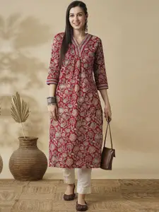 Globus Allover Floral Printed Sequin Detail V-Neck Pleated A-Line Kurta