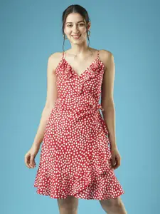 Globus Polka Dots Frilled Wrap-Neck Strappy Shoulder Waist Tie-Up Fit & Flare Dress