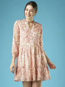 Globus Print Mandarin Collar Puff Sleeve Fit & Flare Dress