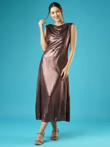 Globus Shiny Cowl Neck Side Slit Knitted A-Line Midi Party Dress