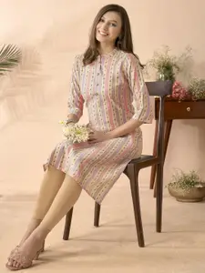 Anouk Mauve Striped Mandarin Collar Chanderi Silk Straight Kurta