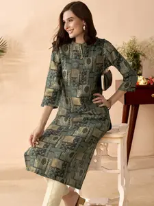 Anouk Abstract Printed Mandarin Collar Chanderi Silk Straight Kurta