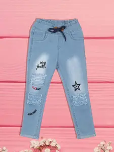 A-Okay Girls Slim Fit High-Rise Mildly Distressed Light Fade Embroidered Cotton Jeans