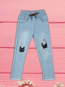 A-Okay Girls Slim Fit High-Rise Low Distress Light Fade Embroidered Cotton Jeans