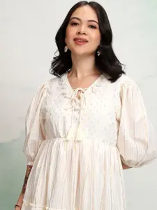 Vishudh Women Floral Print Tie-Up Neck Puff Sleeve Fit & Flare Dress