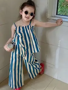 StyleCast x Revolte Girls Striped Shoulder Straps Pure Cotton Top with Trousers