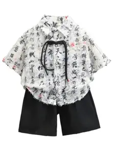 StyleCast x Revolte Boys White & Black Printed Pure Cotton Shirt with Shorts