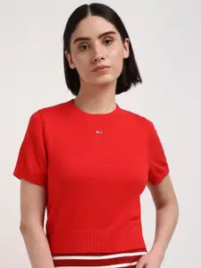 Tommy Hilfiger Women Solid Short Sleeves Ribbed Pullover Sweaters