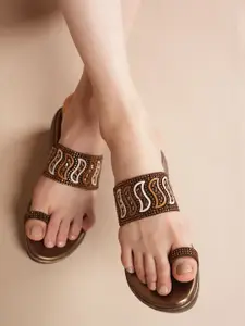 Anouk Brown Embellished Open Toe Wedge Heels